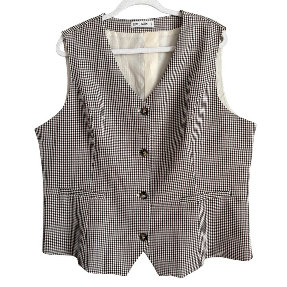 Grace Karin Houndstooth Plaid Vest Grandmacore Vintage Style Knit Waistcoat 3XL